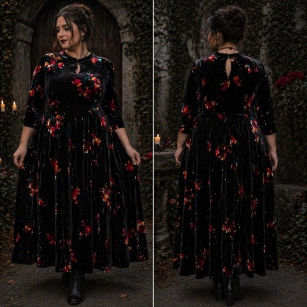 Womens Velvet Floral Whimsigoth Dark Romantic Midi Dress‎ Sz 0X Elegant Keyhole
